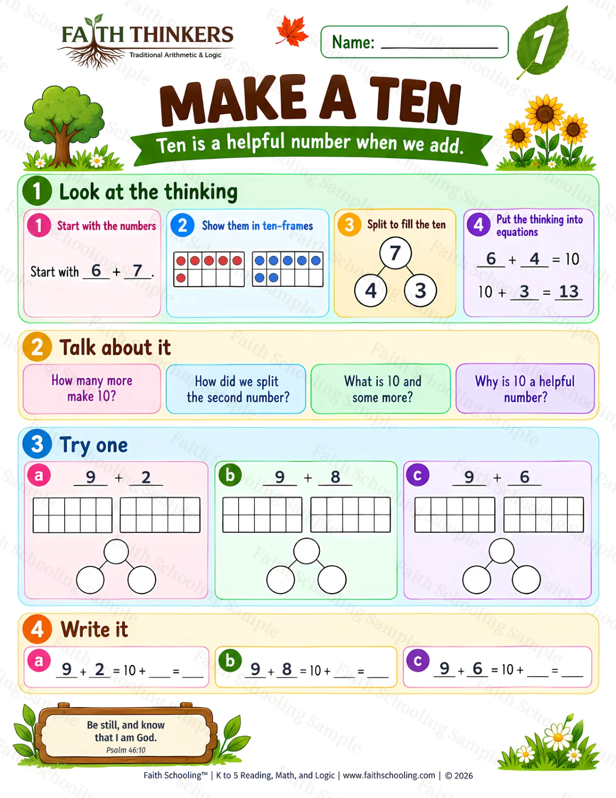 1st Grade math worksheet — Make A Ten Practice 1 (free printable)