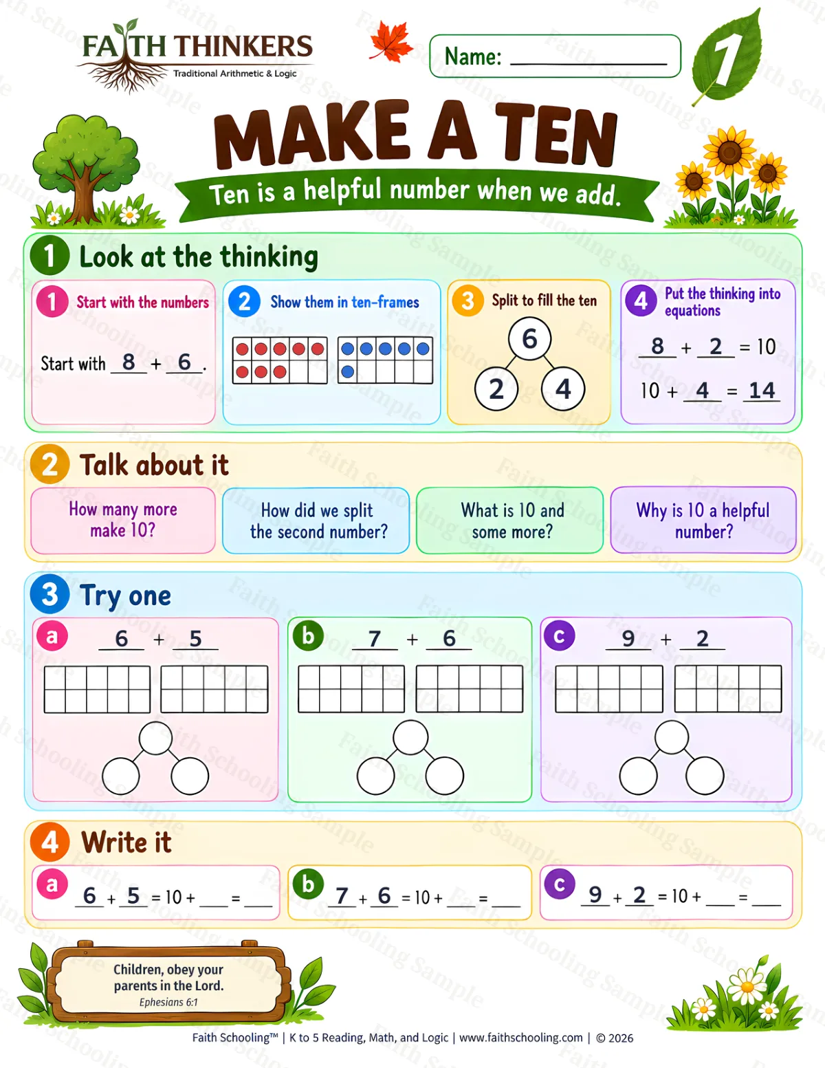 1st Grade math worksheet — Make A Ten Practice 2 (free printable)