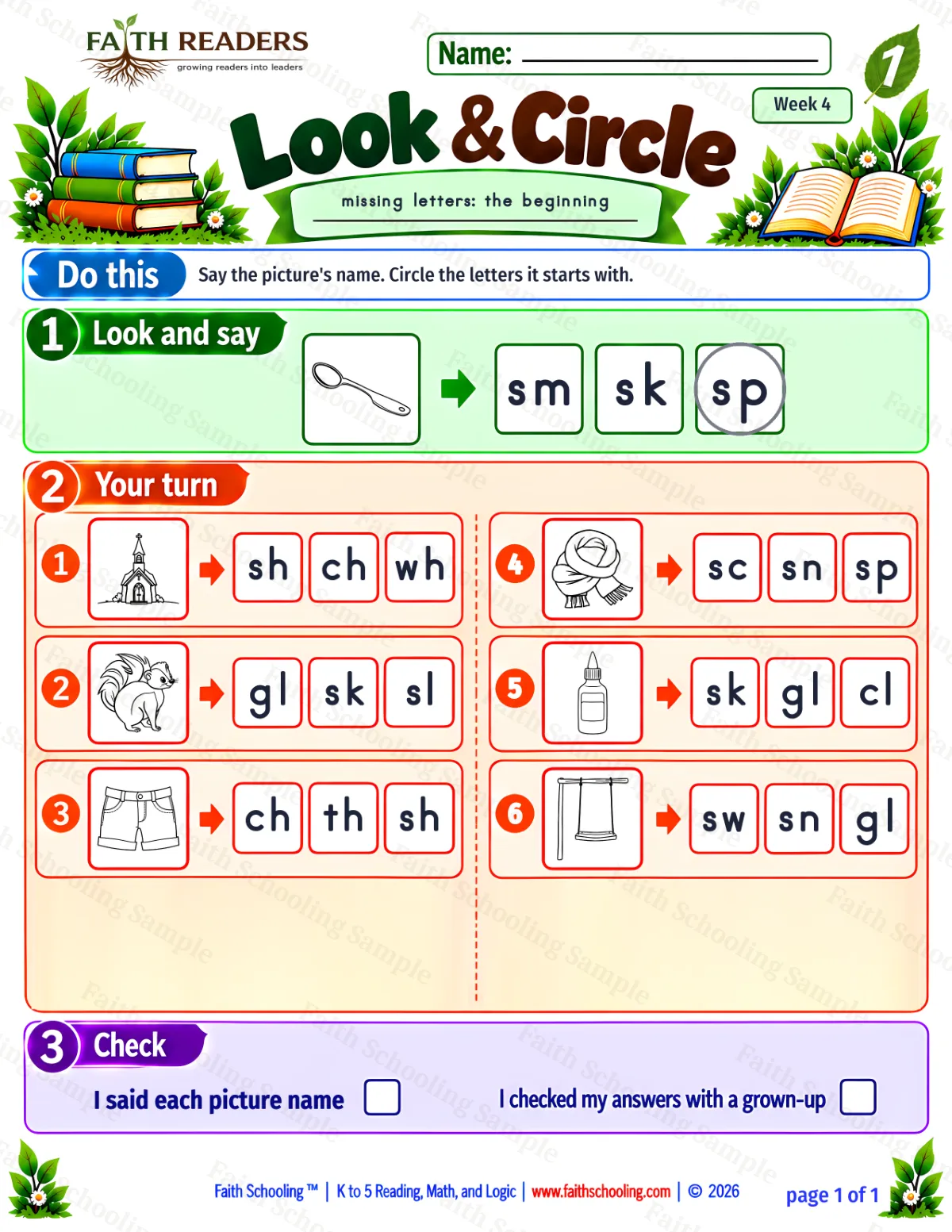 1st Grade phonics worksheet — Missing & Hidden Letters. Look And Circle 2: church, skunk, shorts and scarf (free printable)