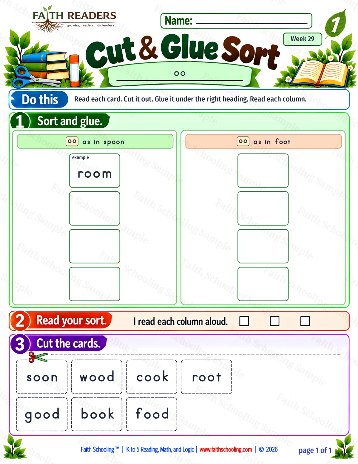 1st Grade phonics worksheet — oo as in moon and book. Cut And Glue Sort 1: spoon and foot (free printable)