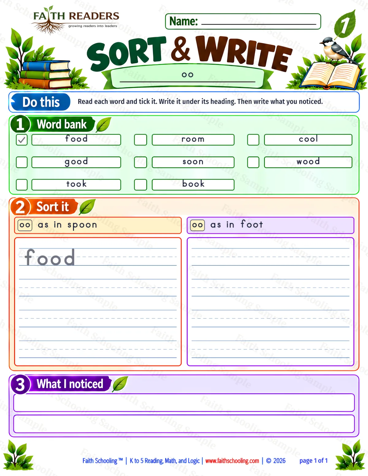 1st Grade phonics worksheet — oo as in moon and book. Sort And Write 1: spoon and foot (free printable)