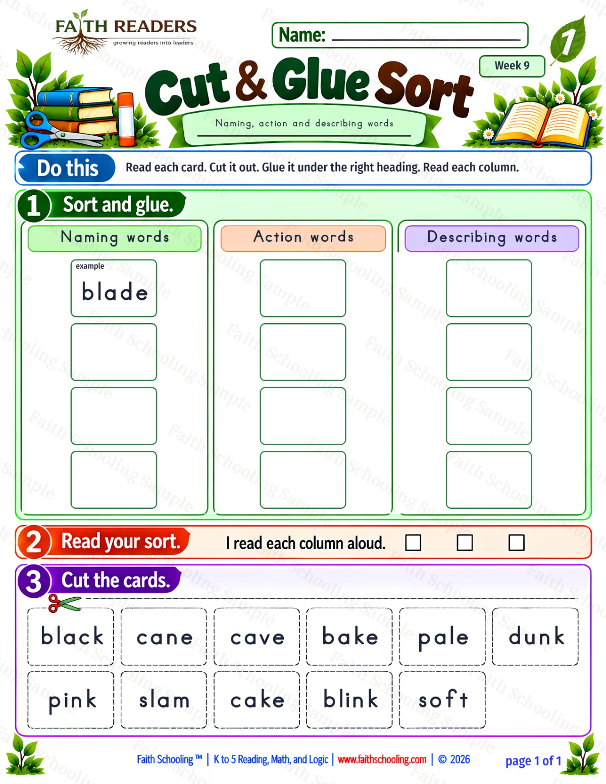 1st Grade grammar & writing worksheet — Parts of Speech. Cut And Glue Sort 1: Noun, Verb and Adjective (free printable)