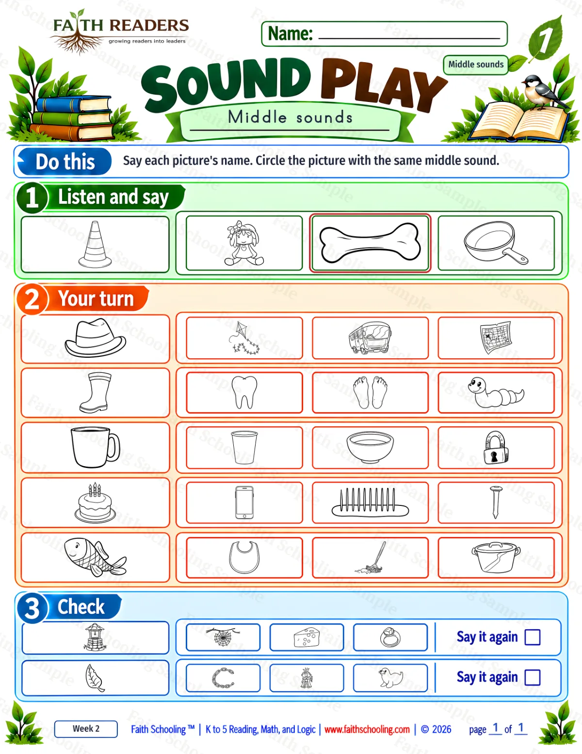 1st Grade phonics worksheet — Phonemic Awareness. Sound Play 2: bib, bone, boot and bowl (free printable)