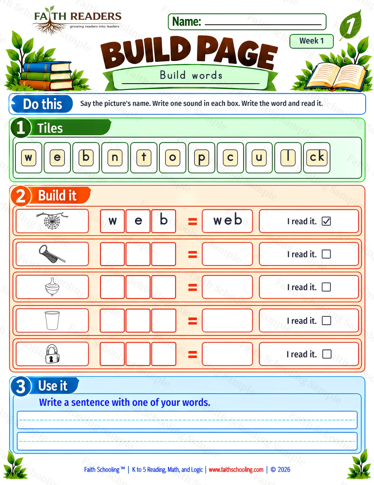 1st Grade phonics worksheet — Rhyming & Word Families. Build 1: web, net, top and cup (free printable)