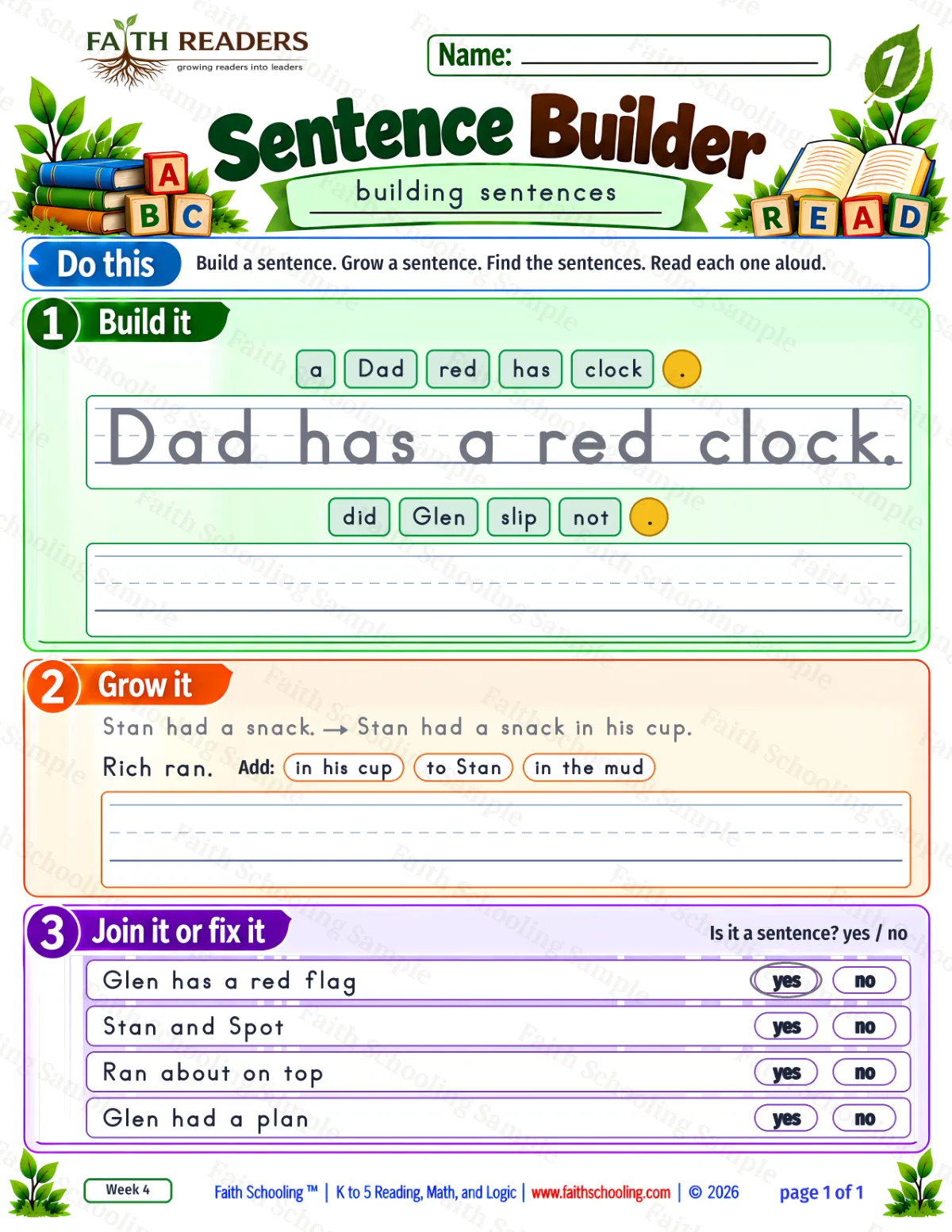 1st Grade grammar & writing worksheet — Sentence Building. Sentence Builder 3: Dad has a red clock. (free printable)