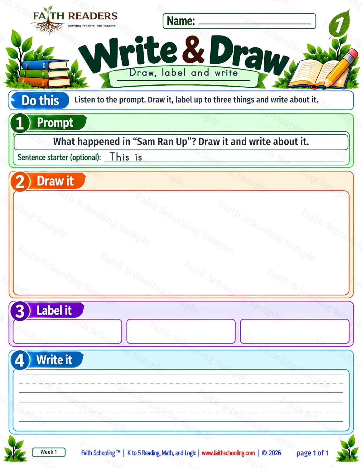 1st Grade grammar & writing worksheet — Sentence Writing. Write And Draw 1: What happened in “Sam Ran Up”? (free printable)
