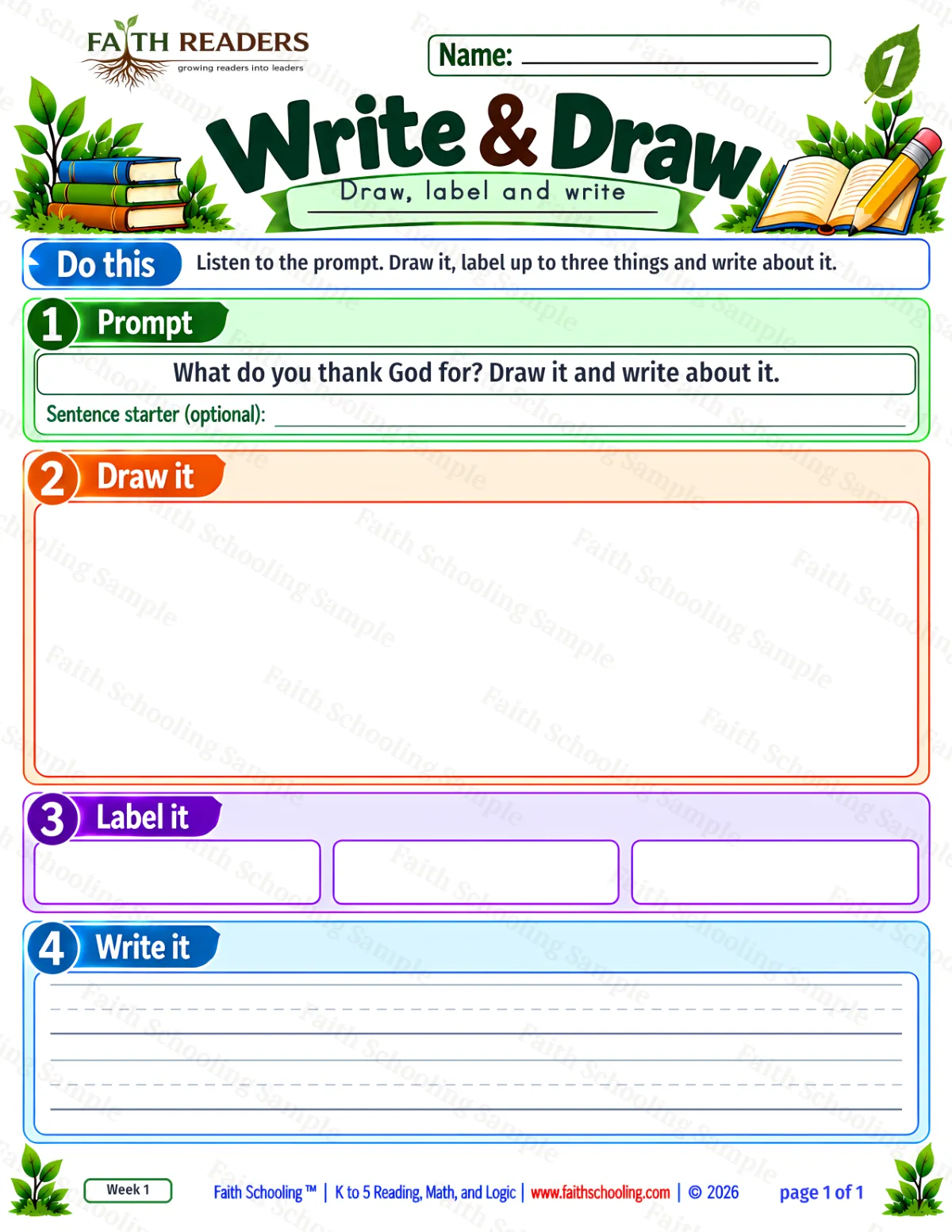 1st Grade grammar & writing worksheet — Sentence Writing. Write And Draw 2: What do you thank God for? (free printable)
