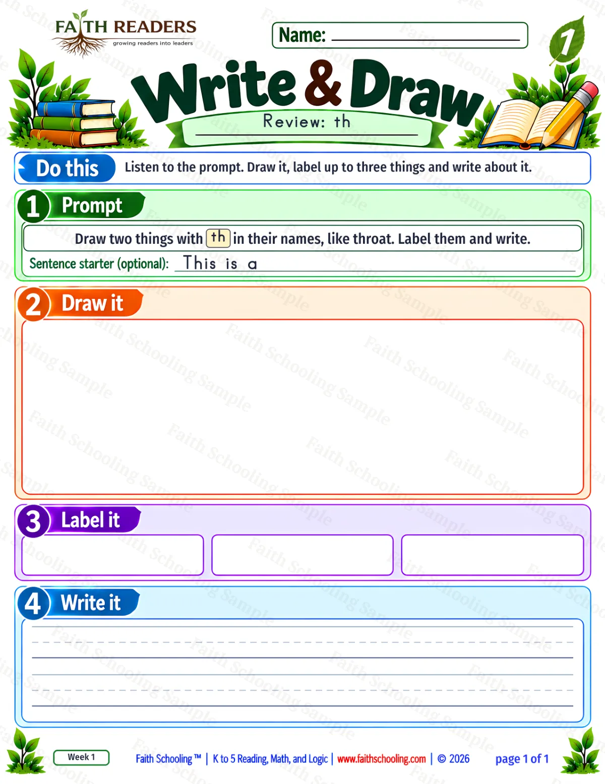 1st Grade grammar & writing worksheet — Sentence Writing. Write And Draw 3: Draw two things with th in their names, like throat. (free printable)