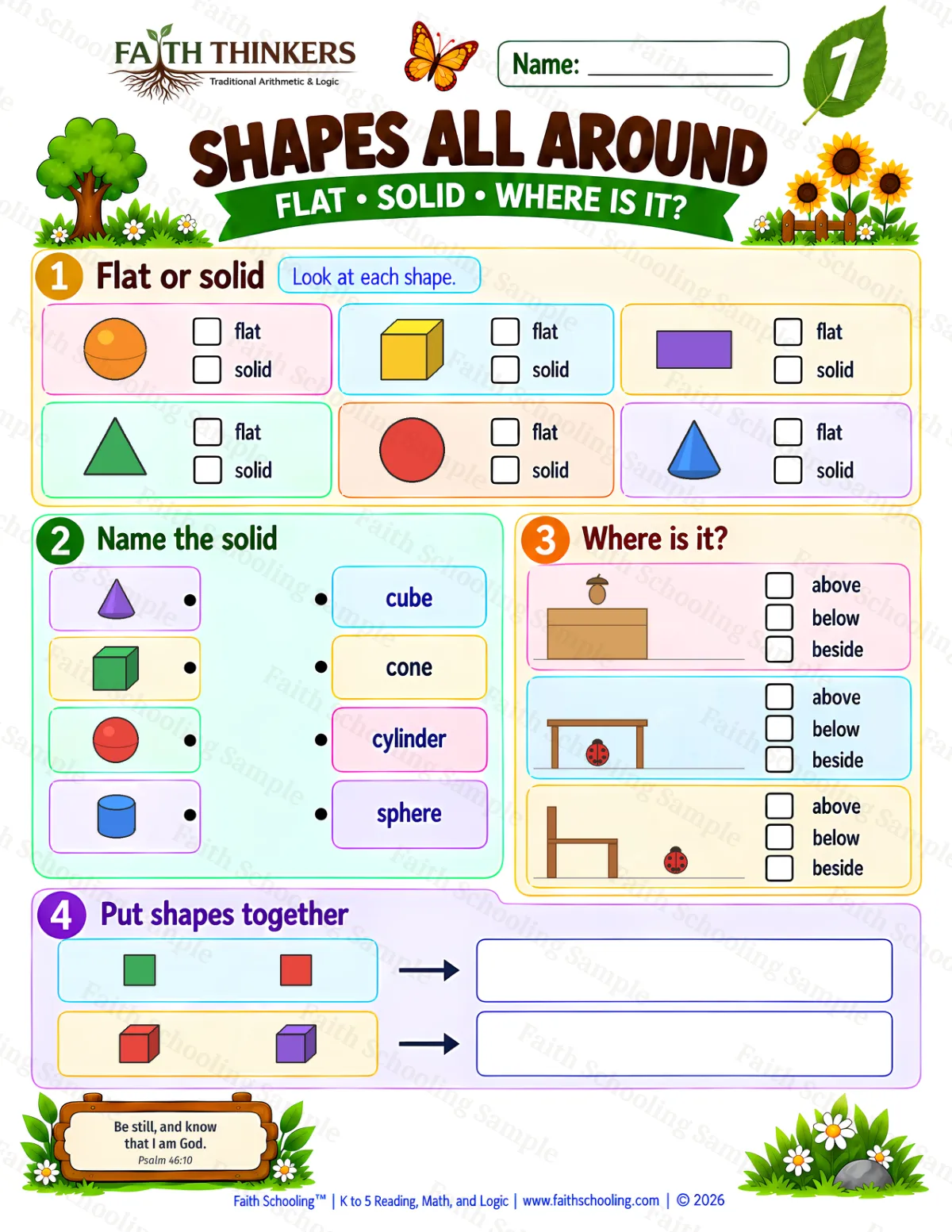 1st Grade math worksheet — Shapes All Around Practice 1 (free printable)