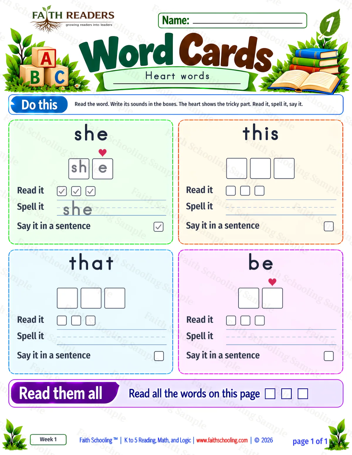 1st Grade phonics worksheet — Sight Words. Word Cards 1: she, this, that and be (free printable)