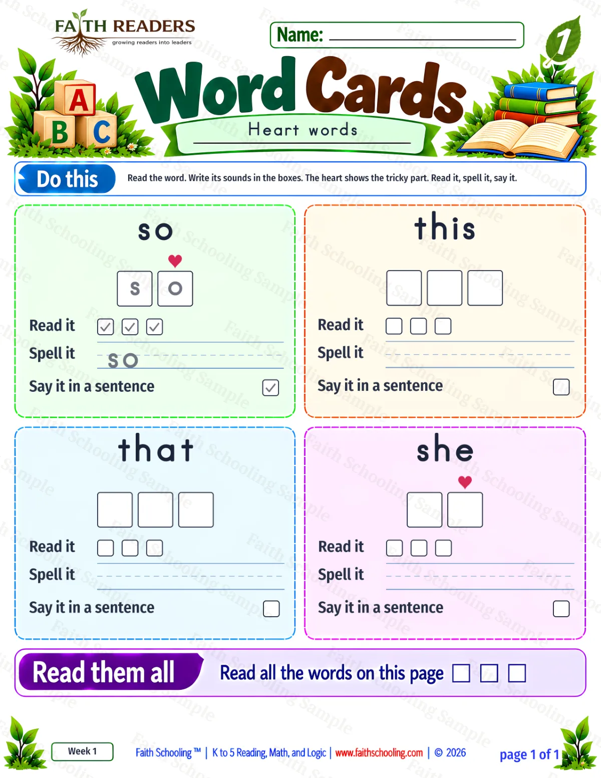 1st Grade phonics worksheet — Sight Words. Word Cards 2: so, this, that and she (free printable)