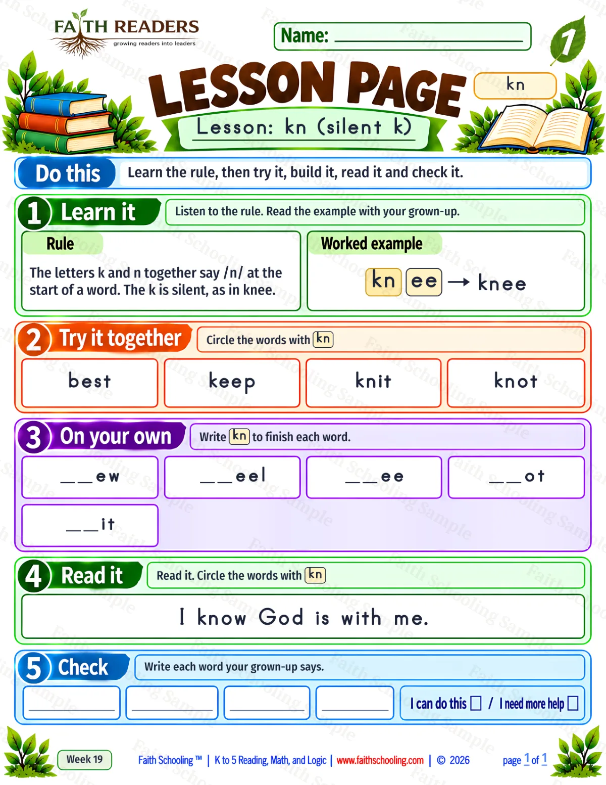 1st Grade phonics worksheet — Silent Letters: kn. Lesson 1: kn (free printable)