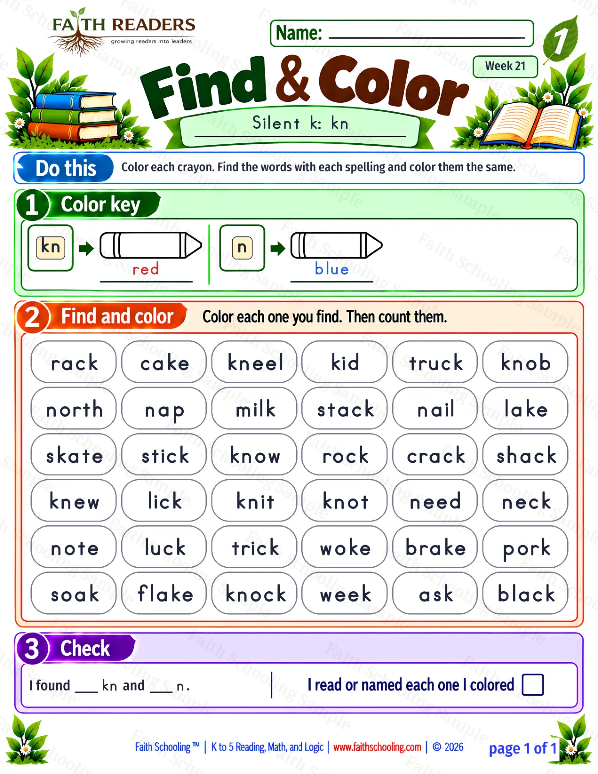 1st Grade phonics worksheet — Silent Letters: kn. Find And Color 1: kn and n (free printable)