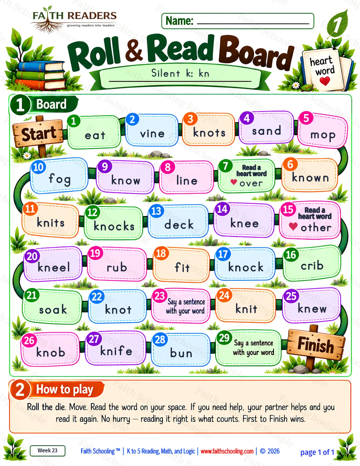 1st Grade phonics worksheet — Roll And Read 1: Silent k, kn (free printable)