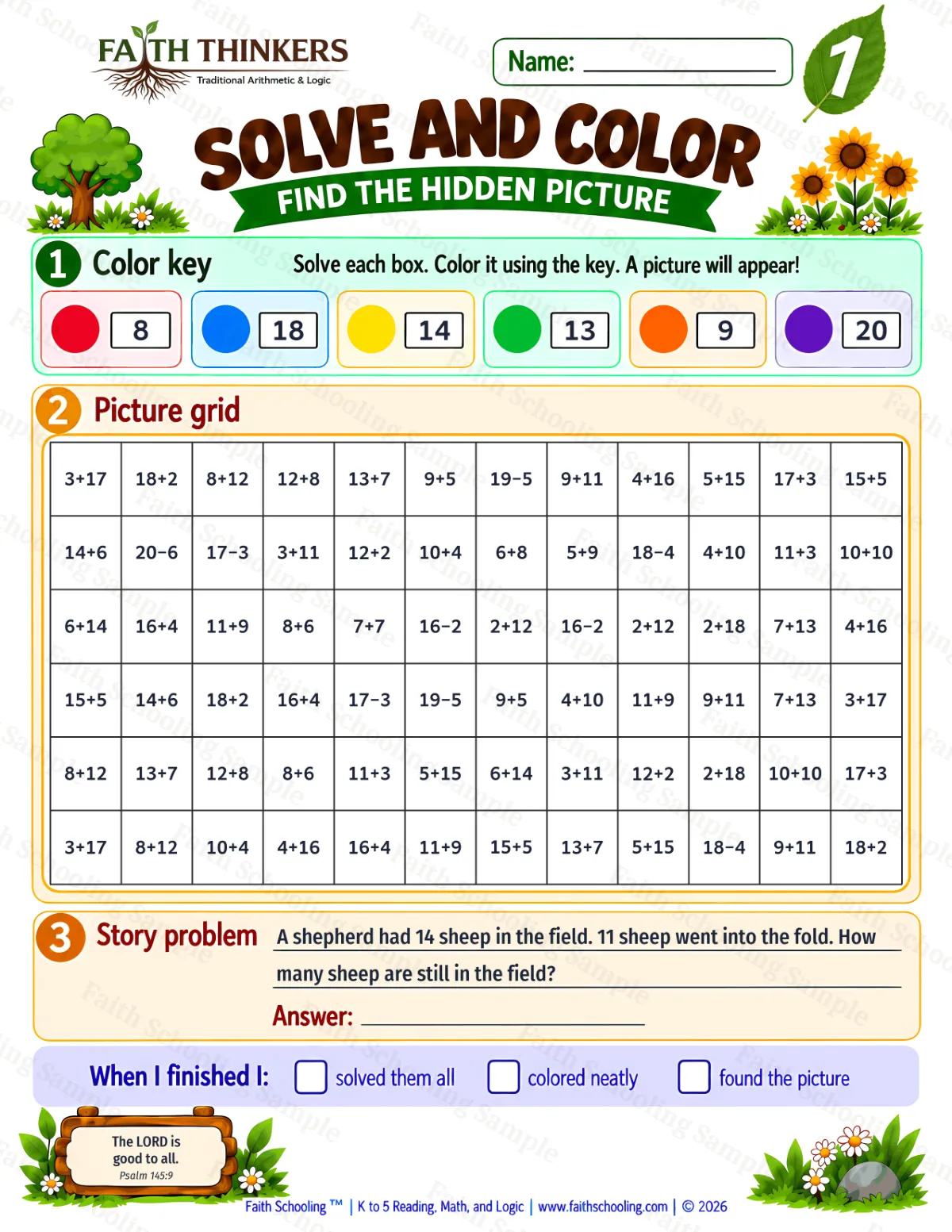 1st Grade math worksheet — Solve And Color Practice 1 (free printable)