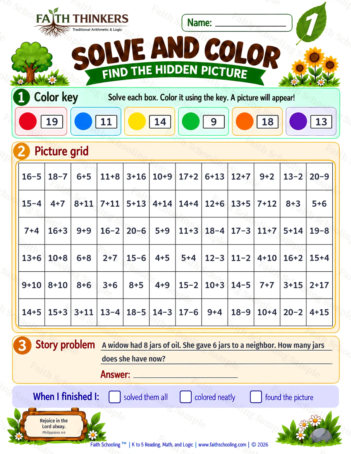 1st Grade math worksheet — Solve And Color Practice 3 (free printable)