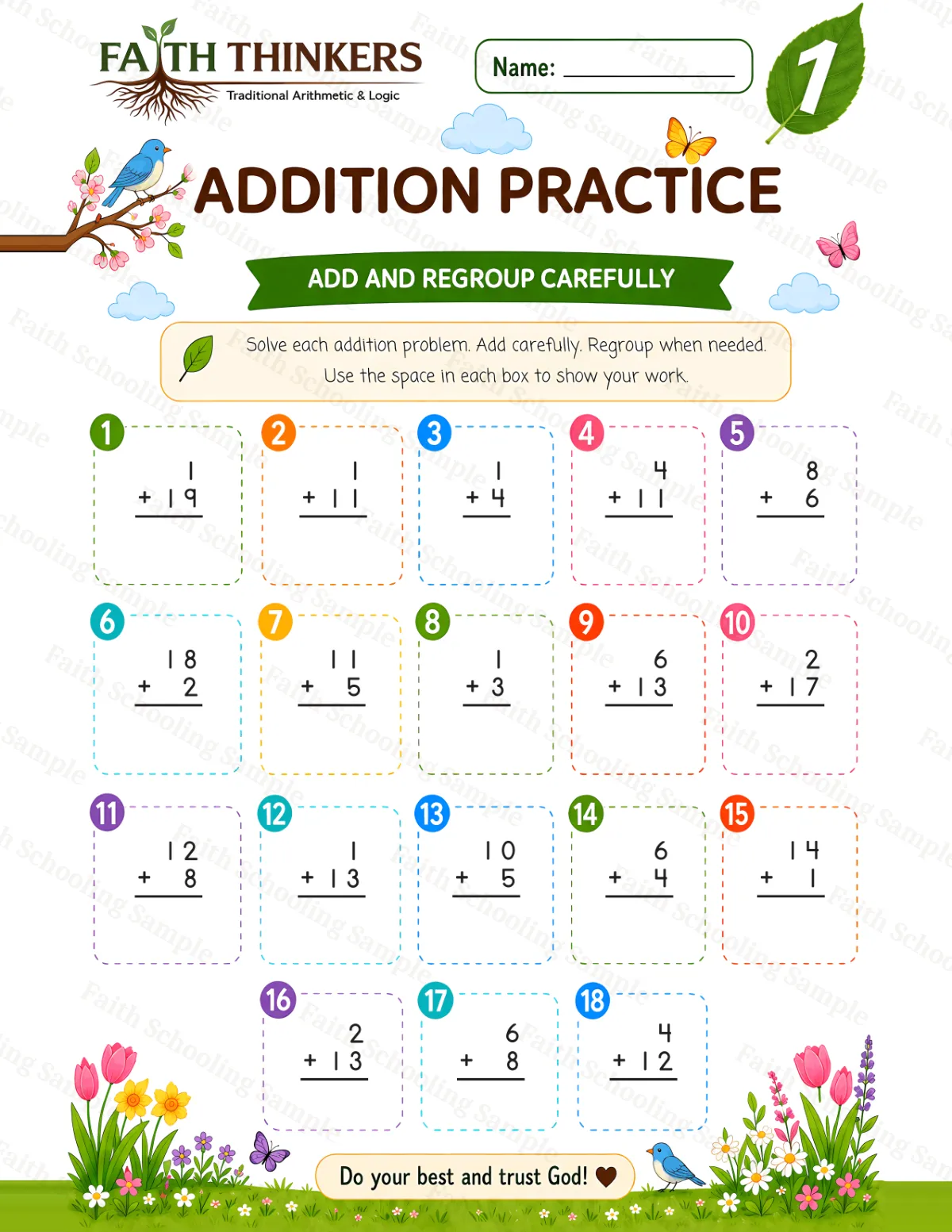 1st Grade math worksheet — Spring Addition Practice 2 (free printable)
