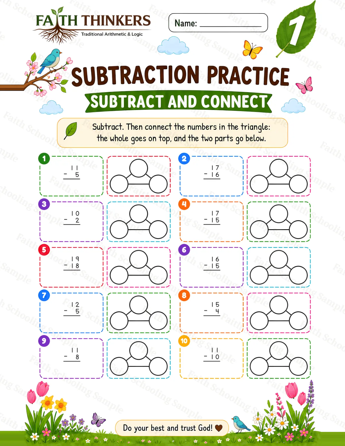 1st Grade math worksheet — Spring Subtract And Connect Practice 1 (free printable)