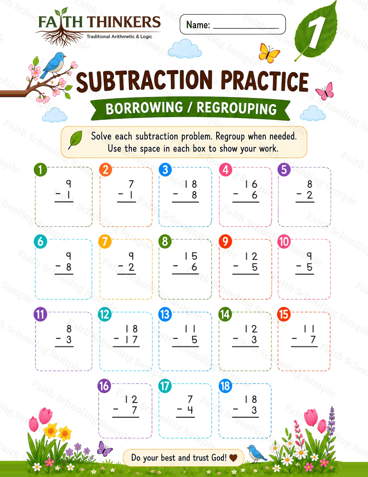 1st Grade math worksheet — Spring Subtraction Practice 3 (free printable)