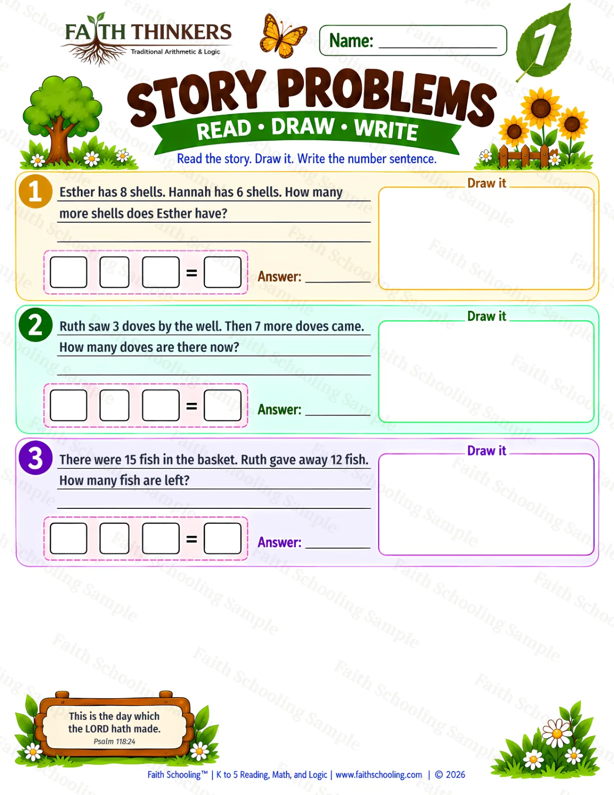 1st Grade math worksheet — Story Problems Practice 1 (free printable)