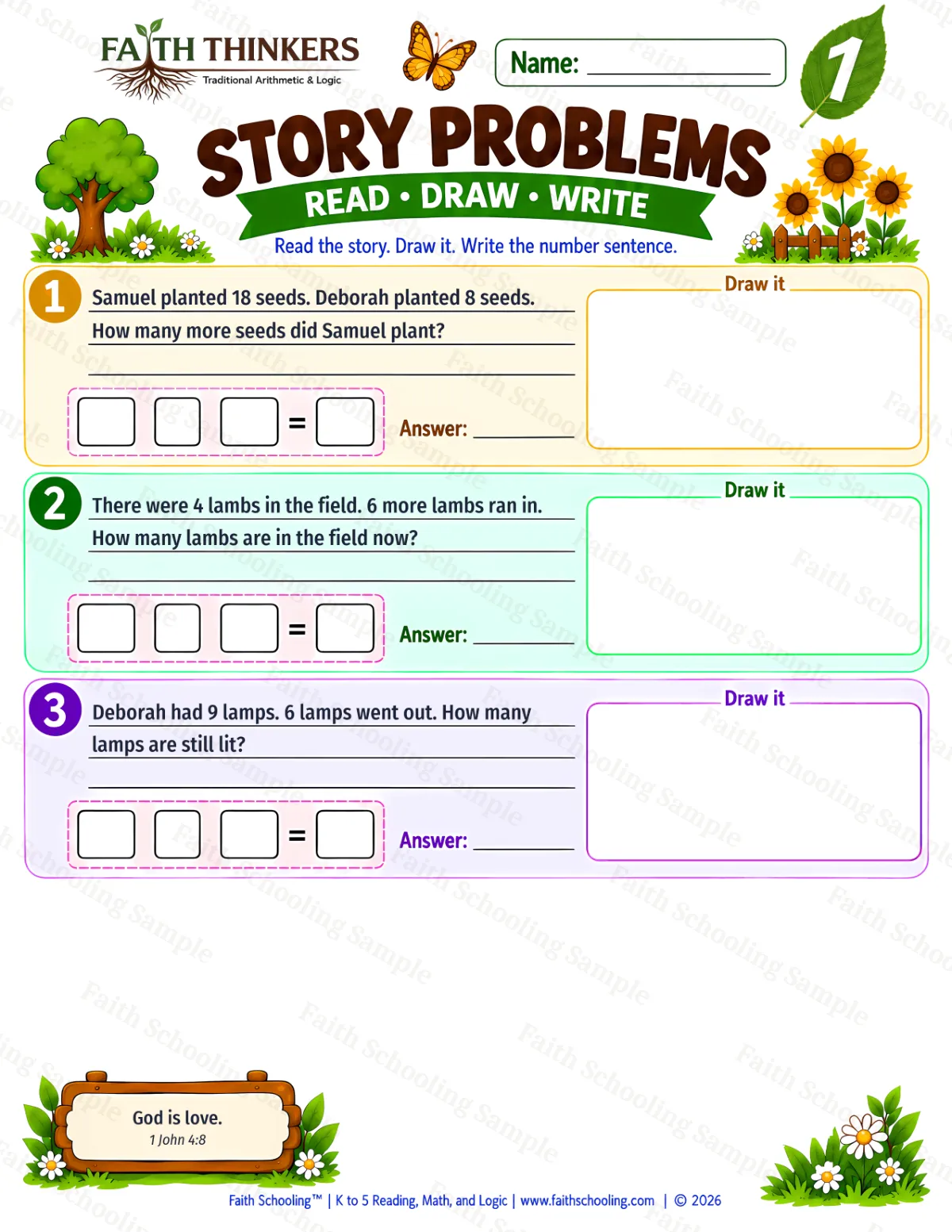1st Grade math worksheet — Story Problems Practice 3 (free printable)