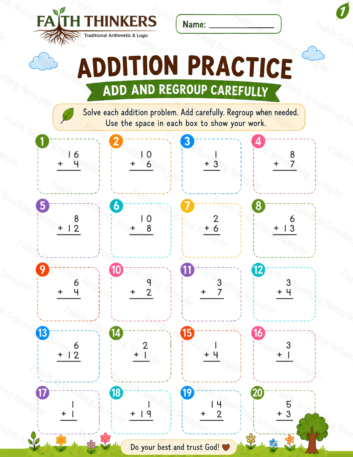1st Grade math worksheet — Summer Addition Practice 3 (free printable)