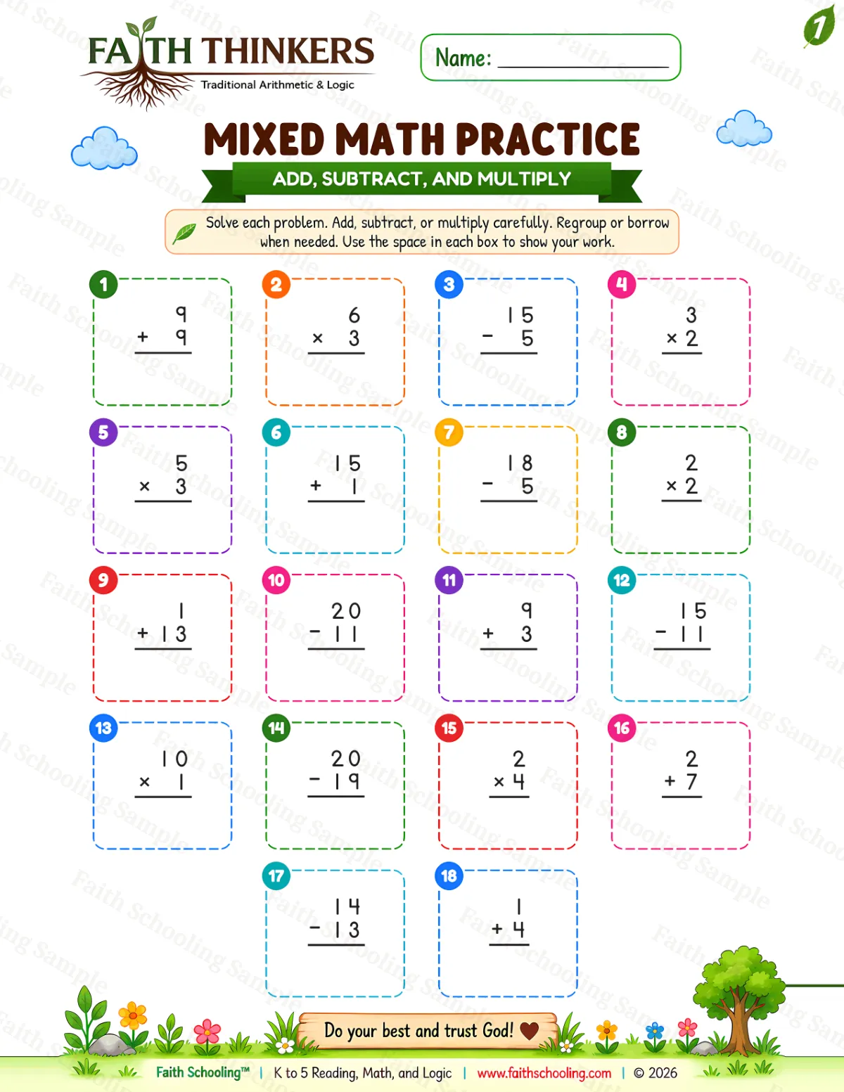1st Grade math worksheet — Summer Mixed Practice 1 (free printable)