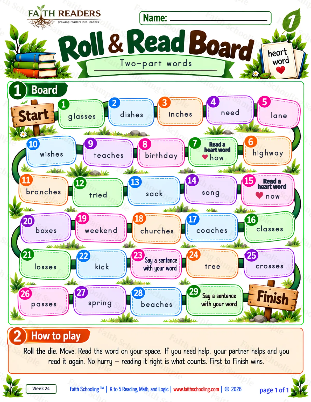 1st Grade phonics worksheet — Syllables. Roll And Read 1: Two-part words (free printable)