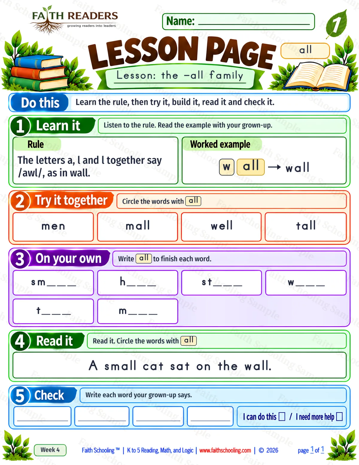 1st Grade phonics worksheet — The -all Family. Lesson 1: all (free printable)