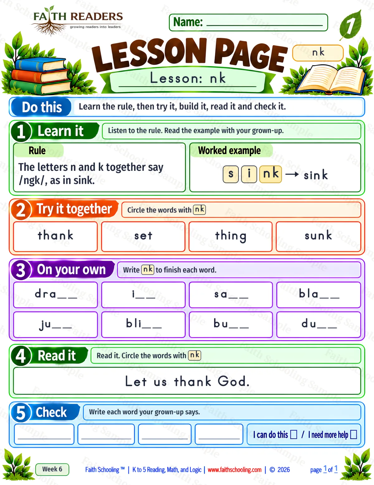 1st Grade phonics worksheet — The NG Sound. Lesson 1: nk (free printable)