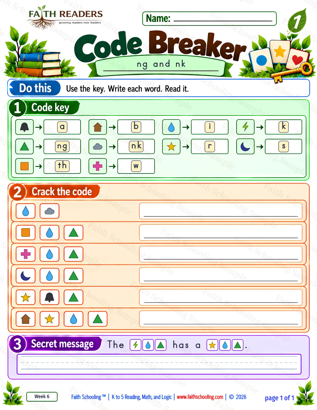 1st Grade phonics worksheet — The NG Sound. Code Breaker 1: ink, thing, wing and sing (free printable)
