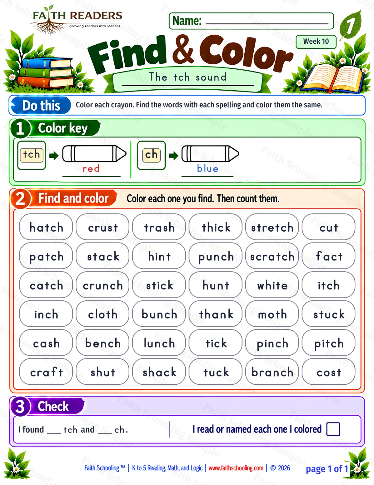 1st Grade phonics worksheet — The TCH Sound. Find And Color 1: tch and ch (free printable)