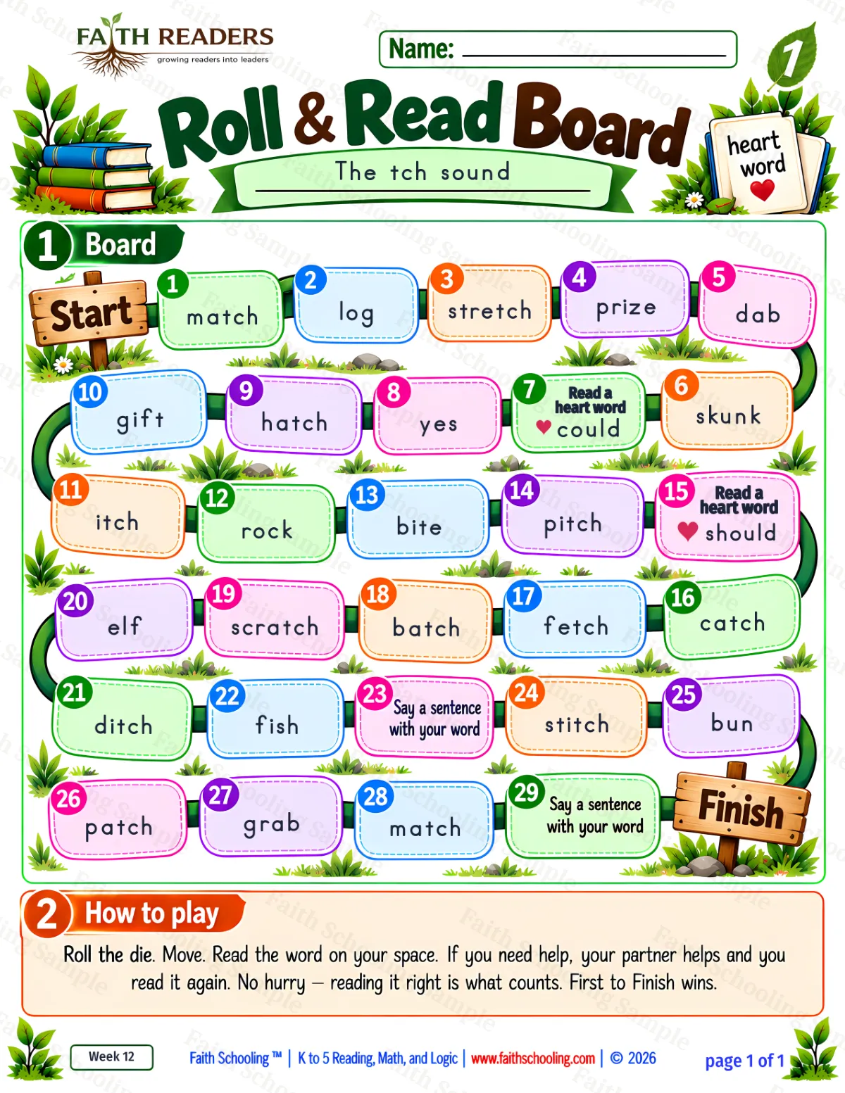 1st Grade phonics worksheet — Roll And Read 1: The tch sound (free printable)