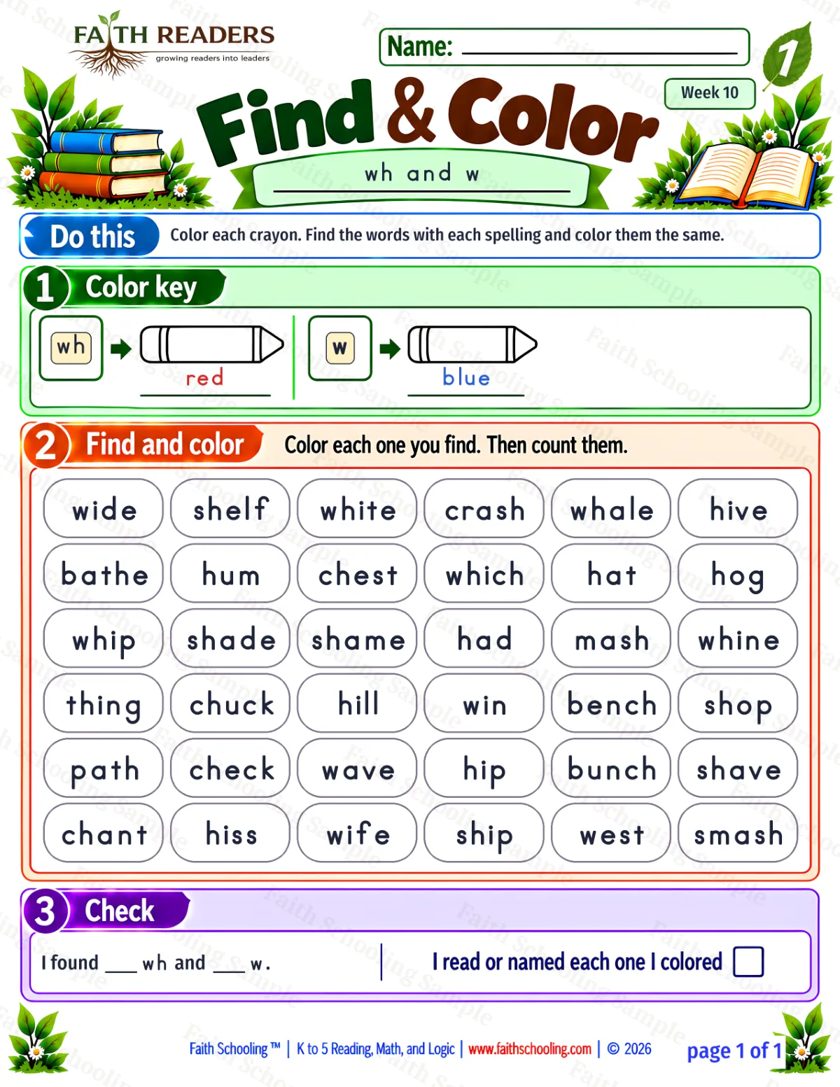 1st Grade phonics worksheet — The WH Sound. Find And Color 1: wh and w (free printable)