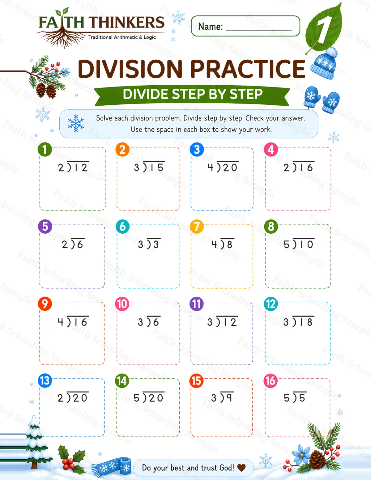 1st Grade math worksheet — Winter Division Practice 2 (free printable)