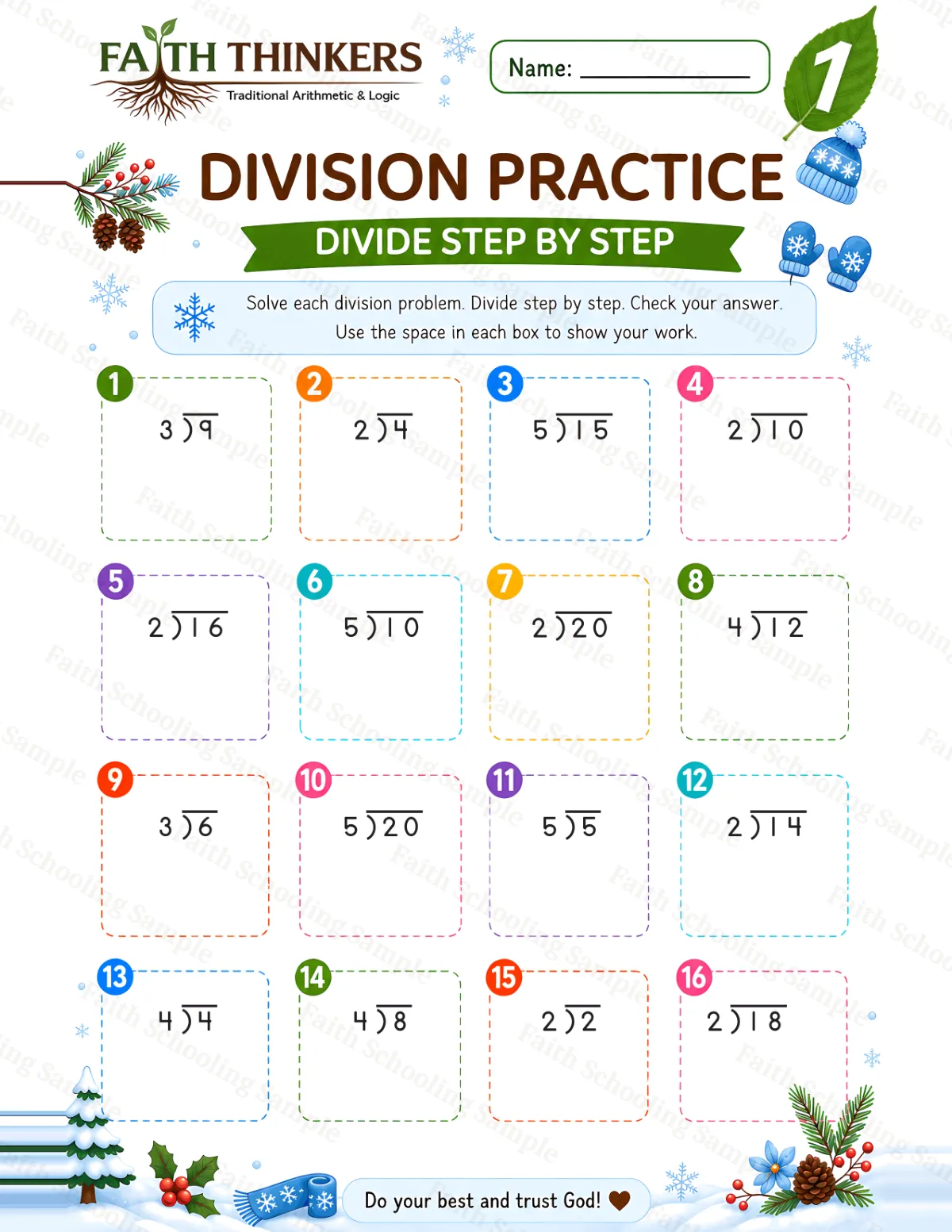 1st Grade math worksheet — Winter Division Practice 3 (free printable)