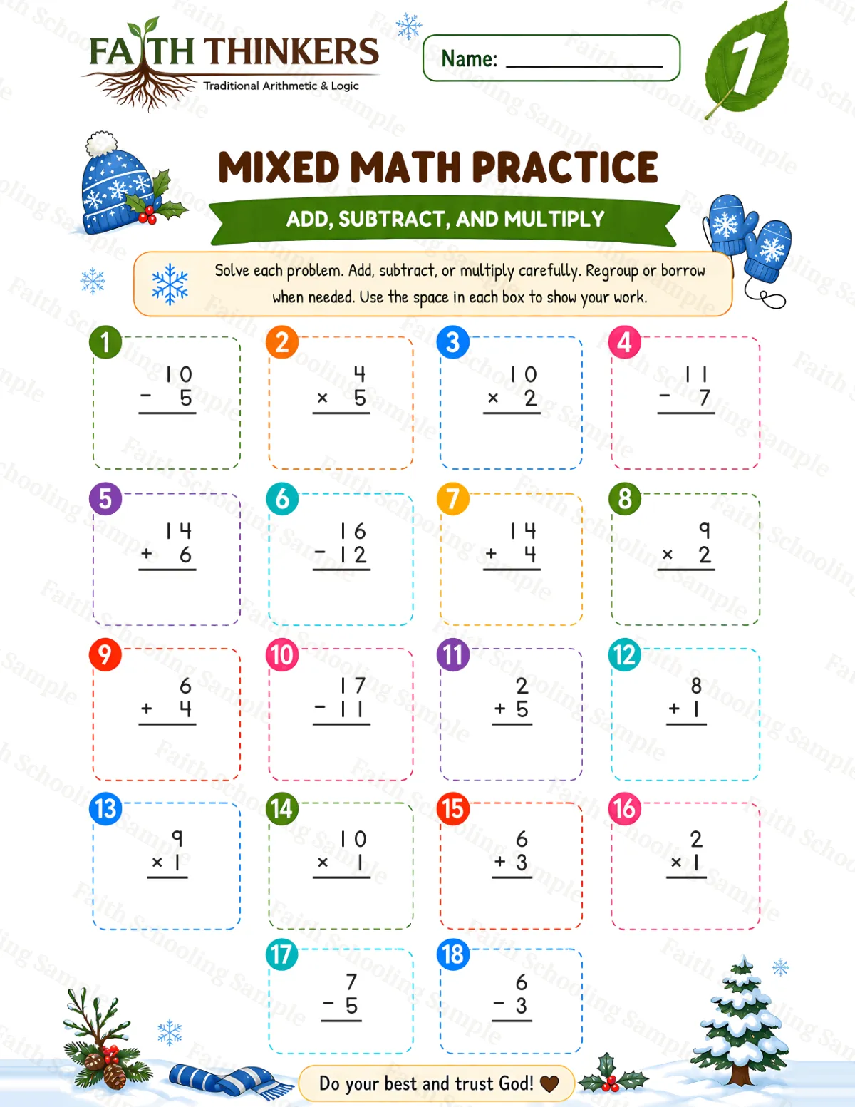 1st Grade math worksheet — Winter Mixed Practice 1 (free printable)
