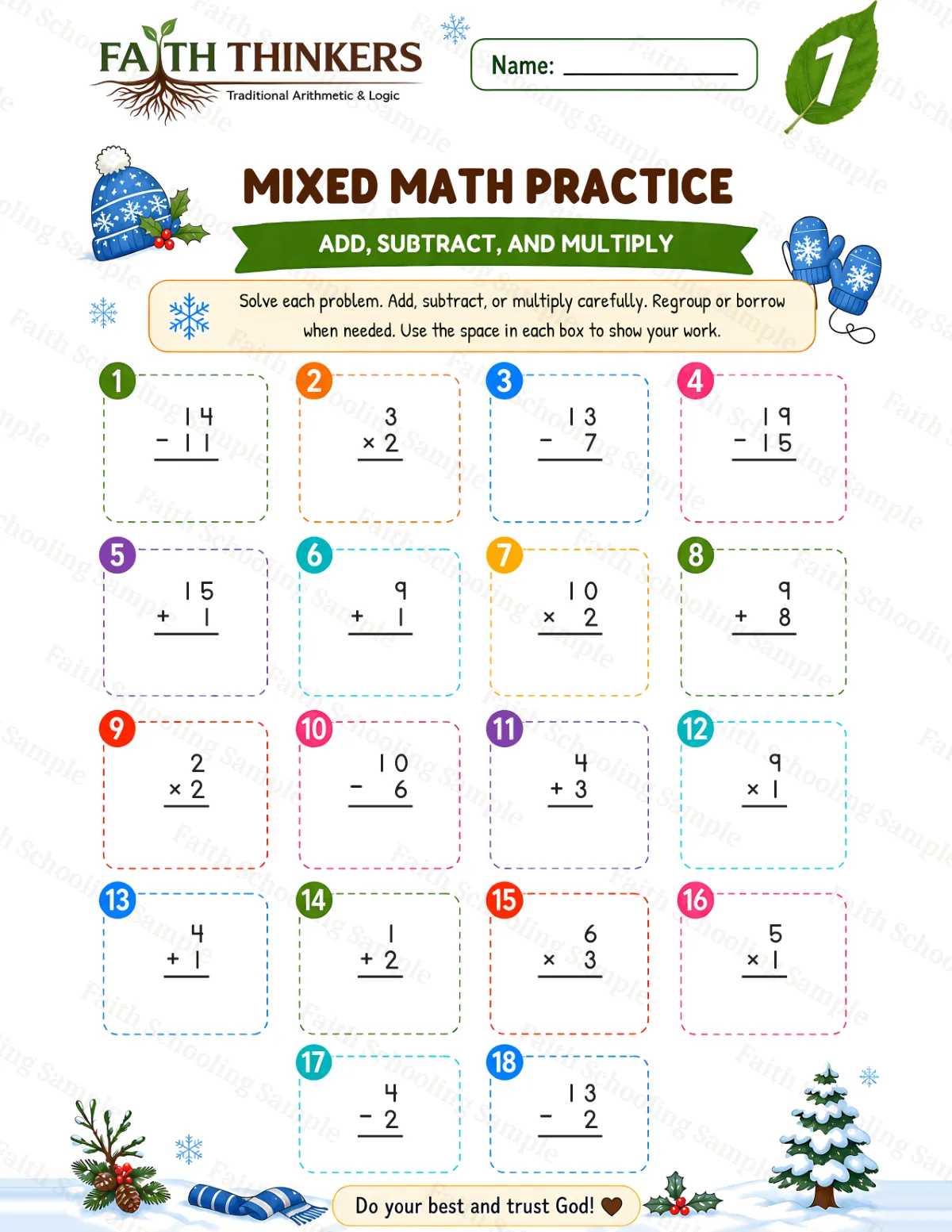 1st Grade math worksheet — Winter Mixed Practice 2 (free printable)
