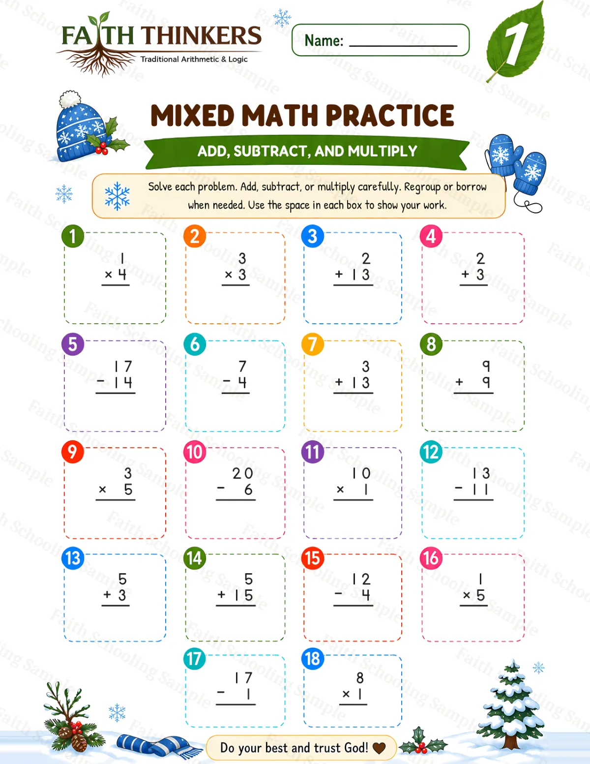 1st Grade math worksheet — Winter Mixed Practice 3 (free printable)