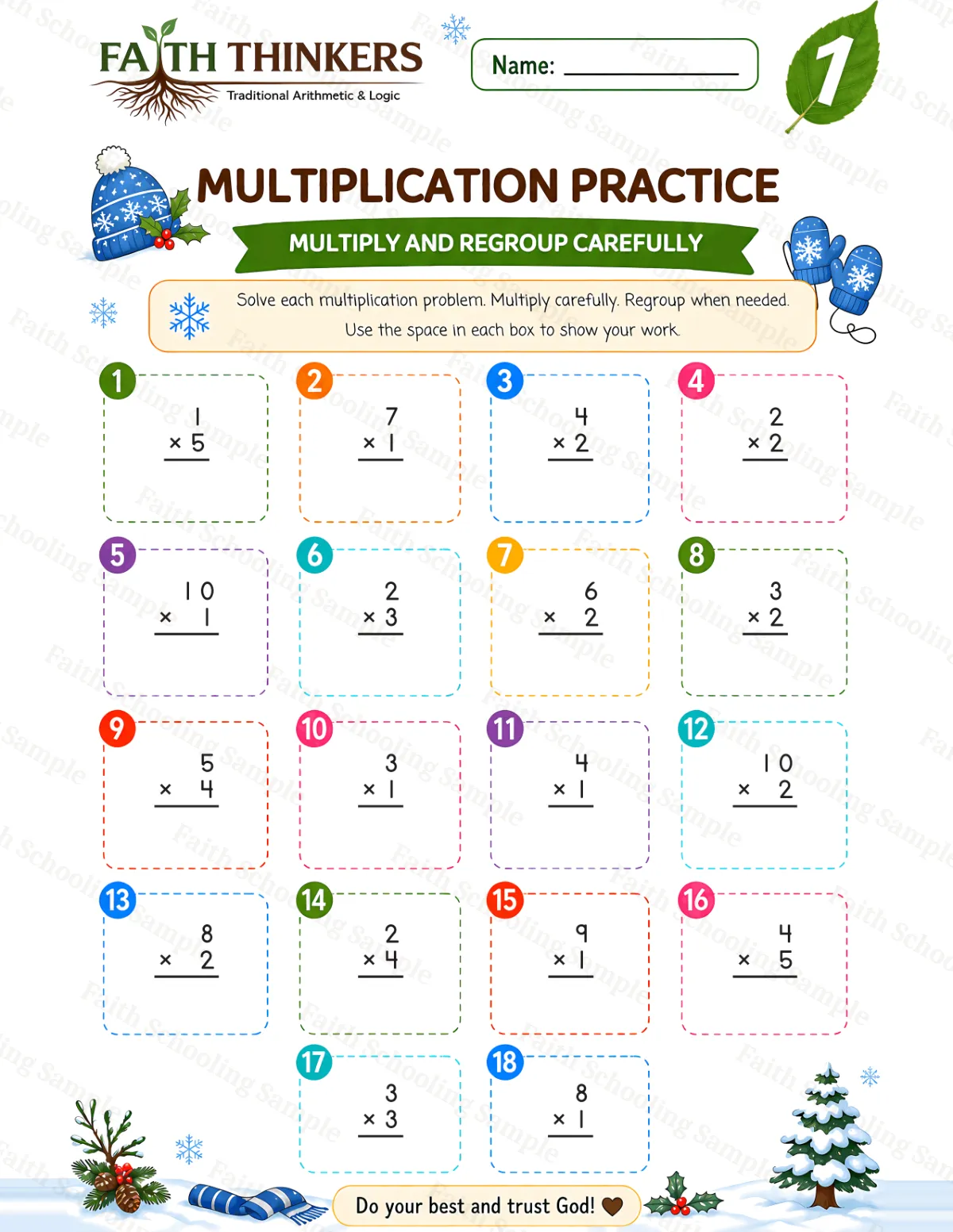 1st Grade math worksheet — Winter Multiplication Practice 1 (free printable)