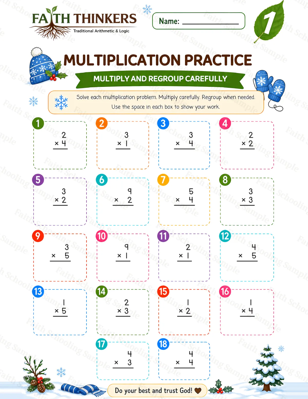 1st Grade math worksheet — Winter Multiplication Practice 3 (free printable)