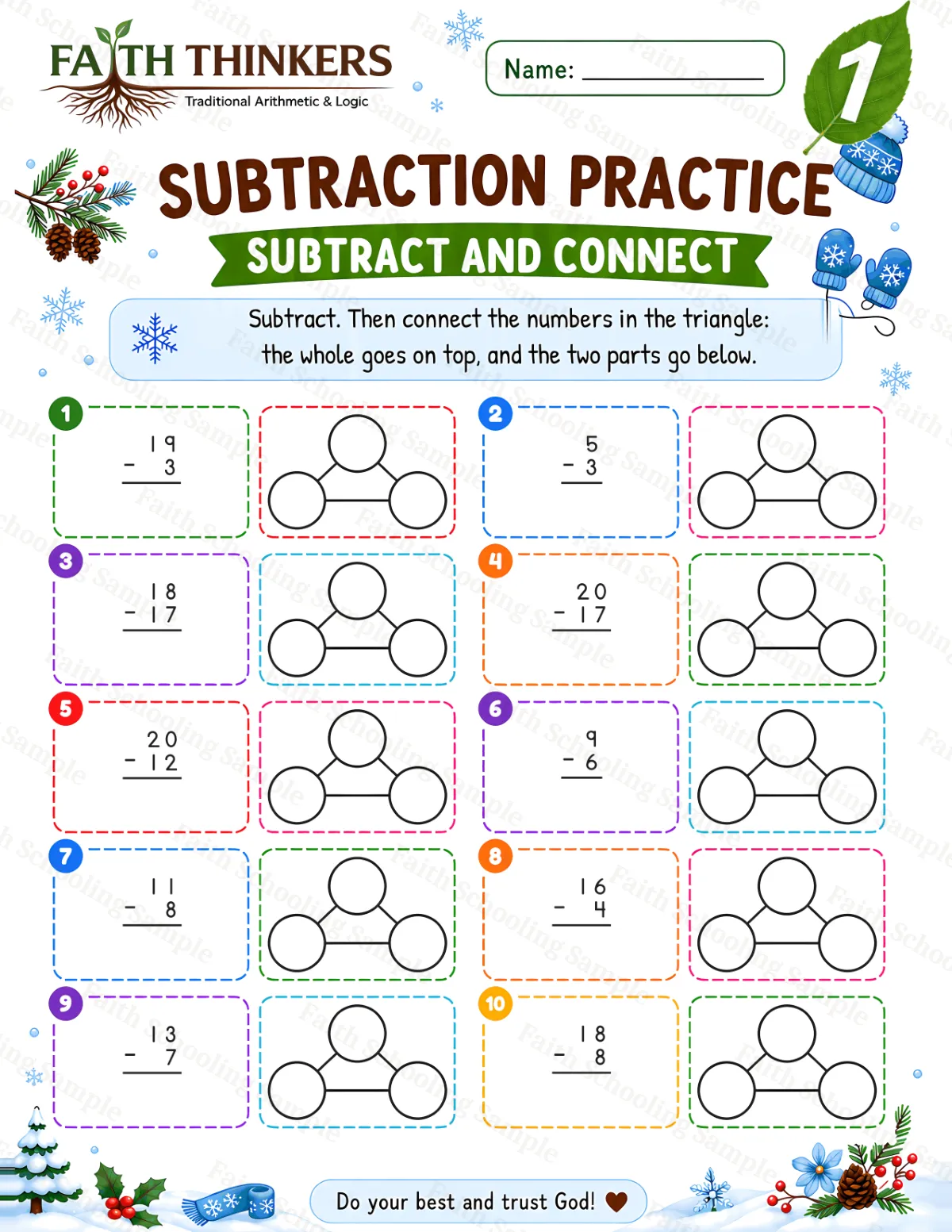 1st Grade math worksheet — Winter Subtract And Connect Practice 1 (free printable)