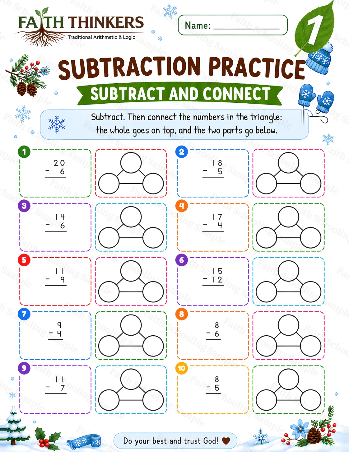 1st Grade math worksheet — Winter Subtract And Connect Practice 2 (free printable)