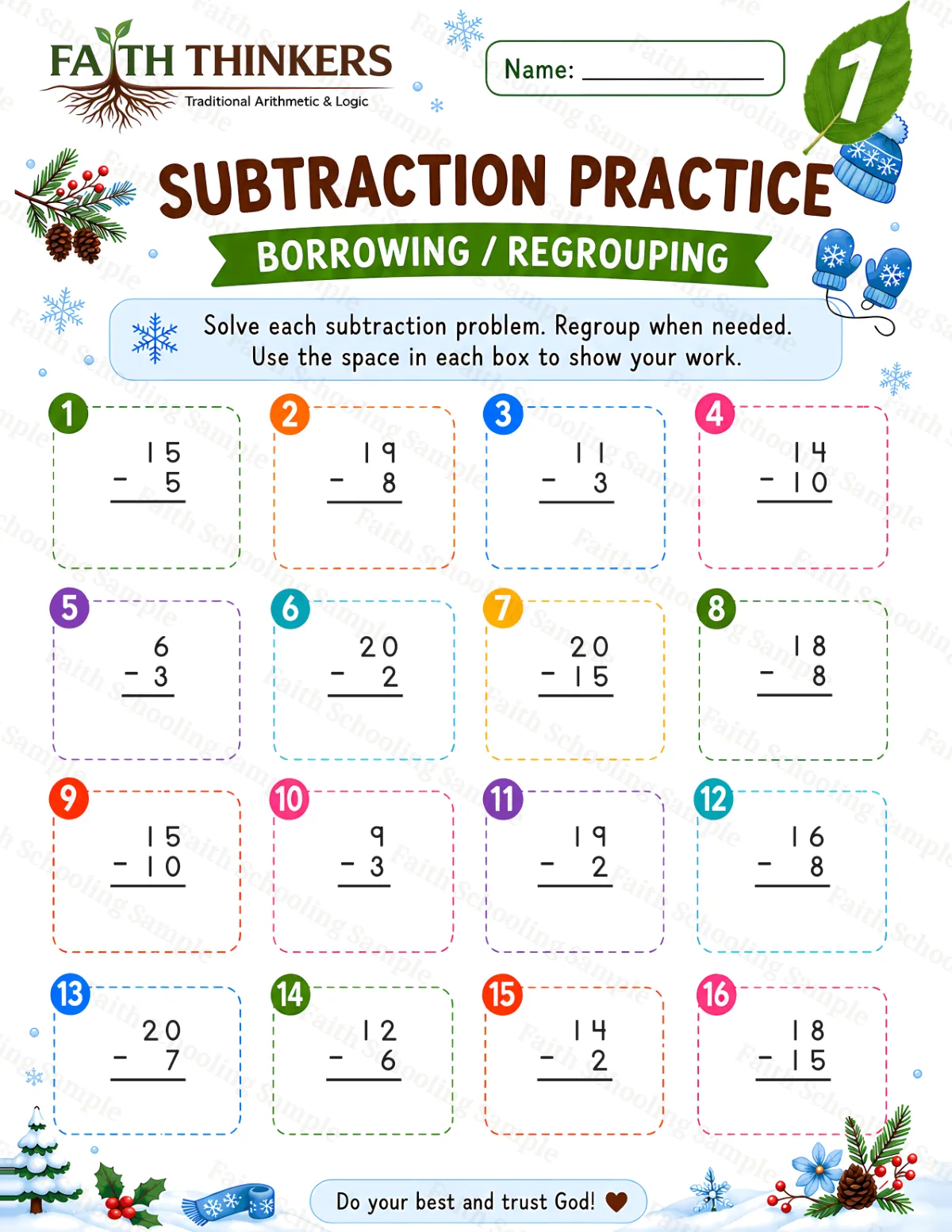 1st Grade math worksheet — Winter Subtraction Practice 2 (free printable)