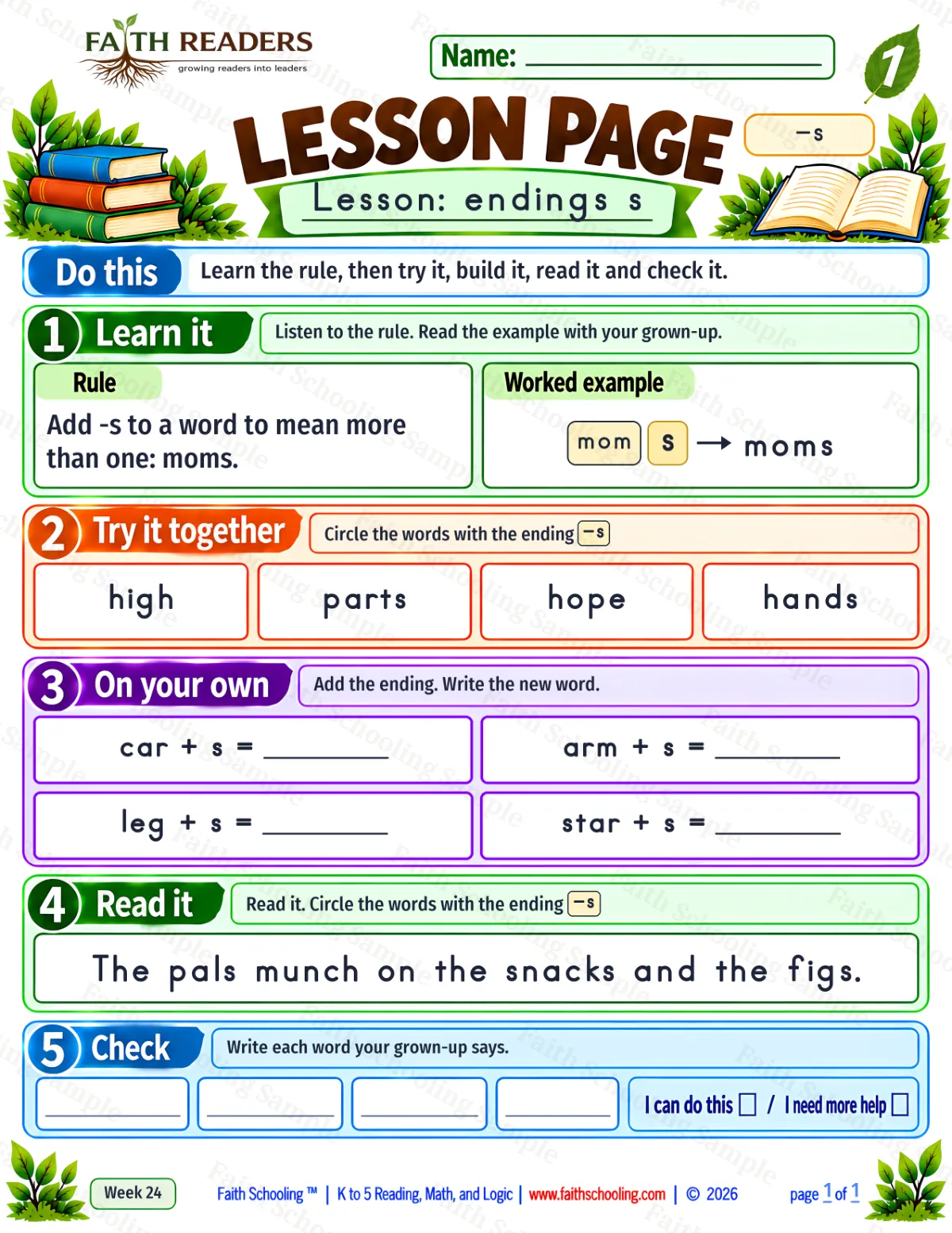 1st Grade phonics worksheet — Word Endings s, es, ed, ing, er, est. Lesson 1: -s (free printable)