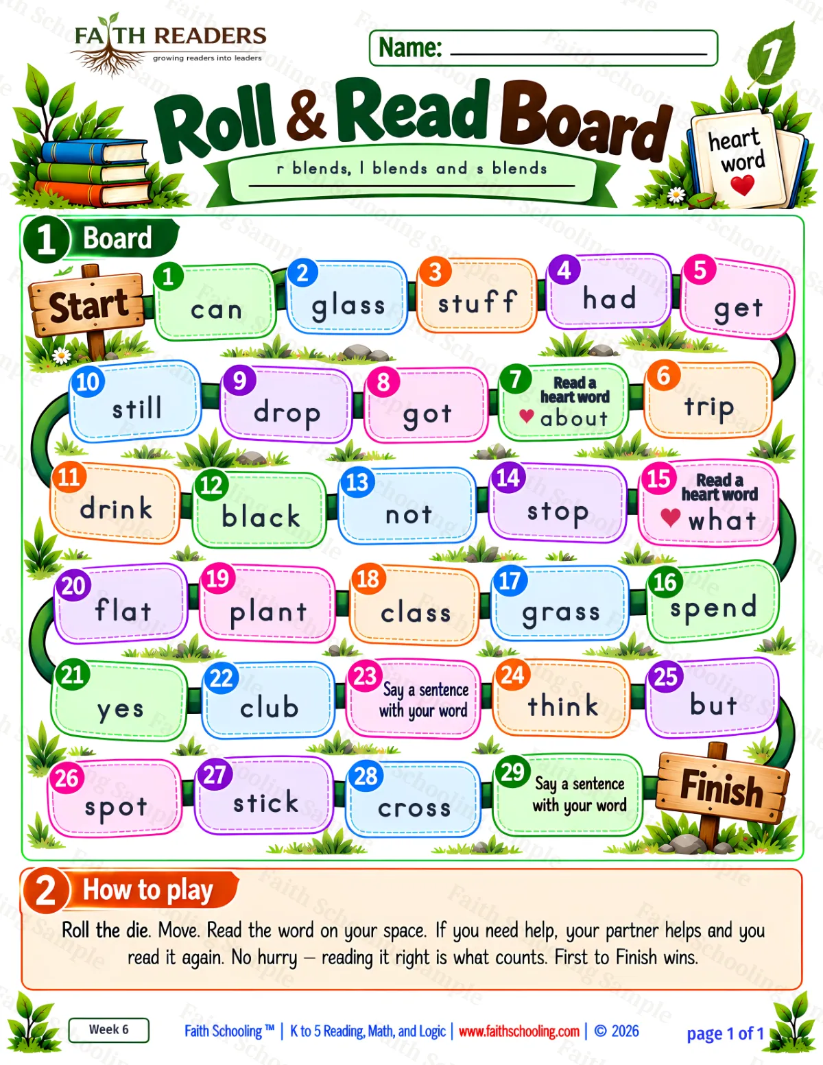 1st Grade phonics worksheet — Word Games & Puzzles. Roll And Read 1: black, drop, plant and stop (free printable)