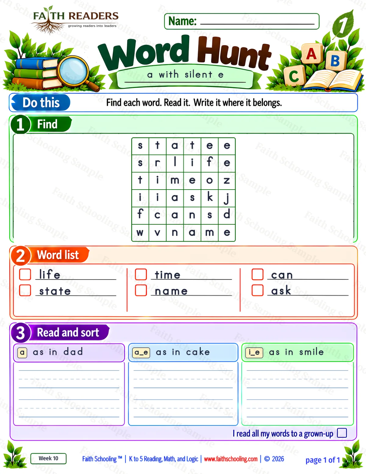 1st Grade phonics worksheet — Word Games & Puzzles. Word Hunt 1: a, a_e and i_e (free printable)