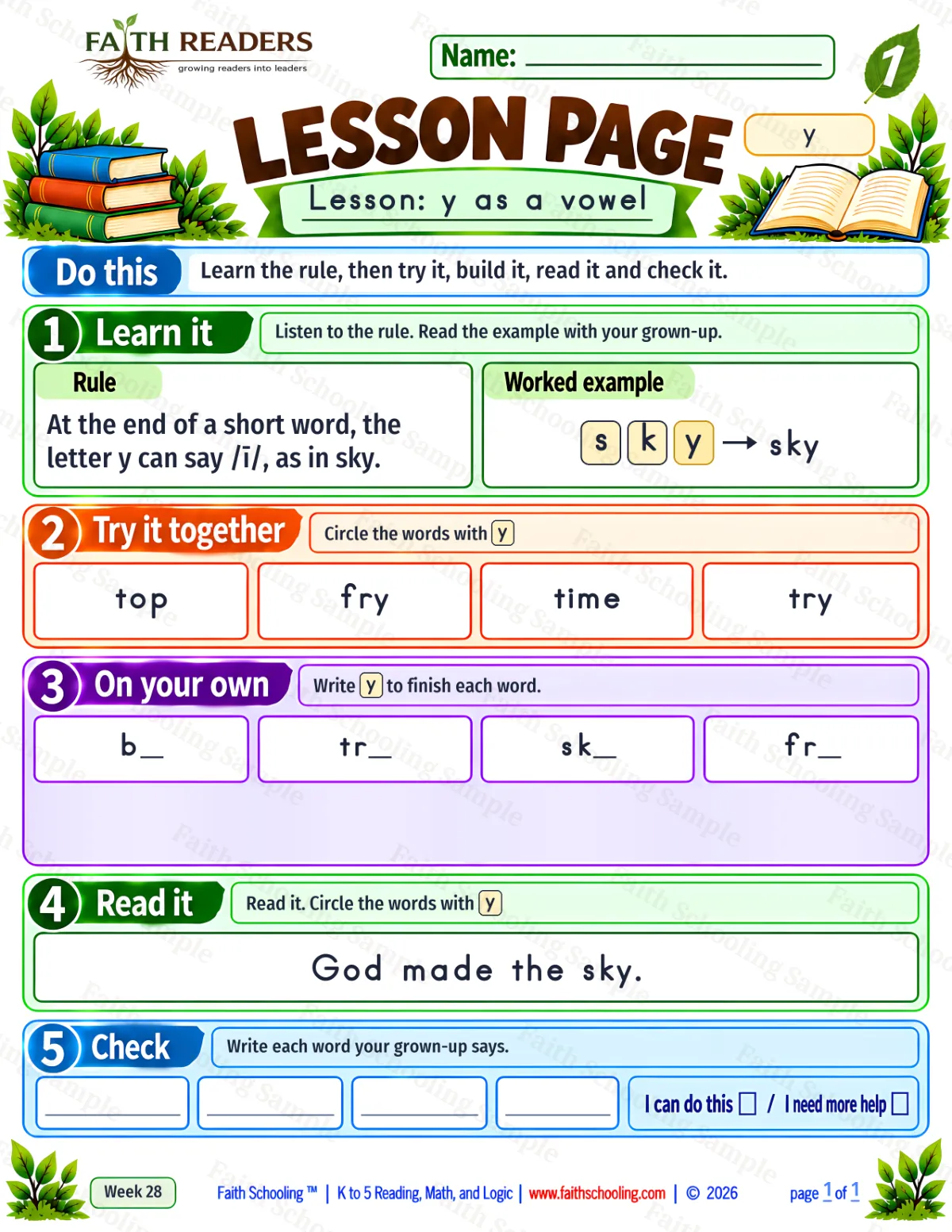 1st Grade phonics worksheet — Y as a Vowel. Lesson 1: y-vowel (free printable)