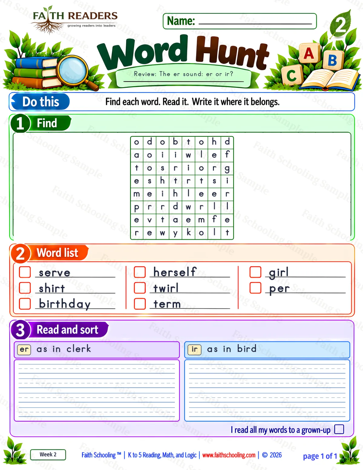 2nd Grade phonics worksheet — Word Hunt 1: Bossy R — ir and ur (free printable)