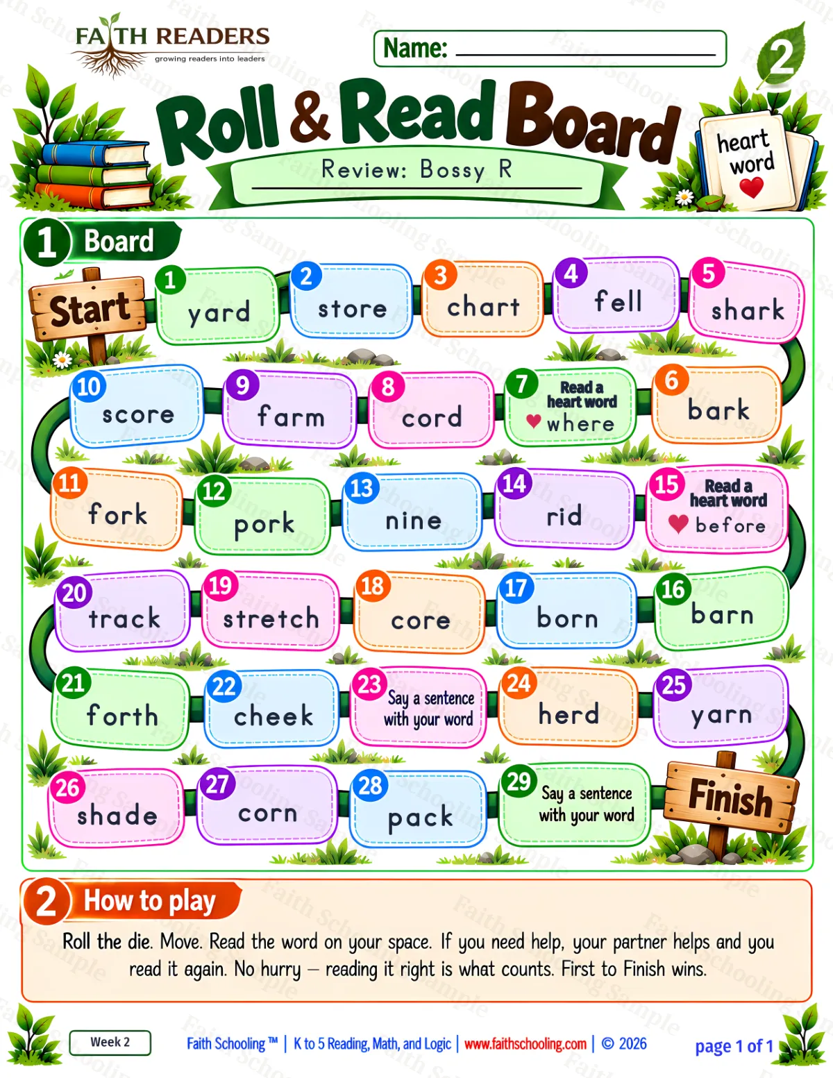 2nd Grade phonics worksheet — Roll And Read 1: Bossy R (free printable)